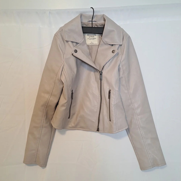 Abercrombie And Fitch Cream Gray Faux Leather Biker Moto Jacket Size Small - Picture 3 of 11